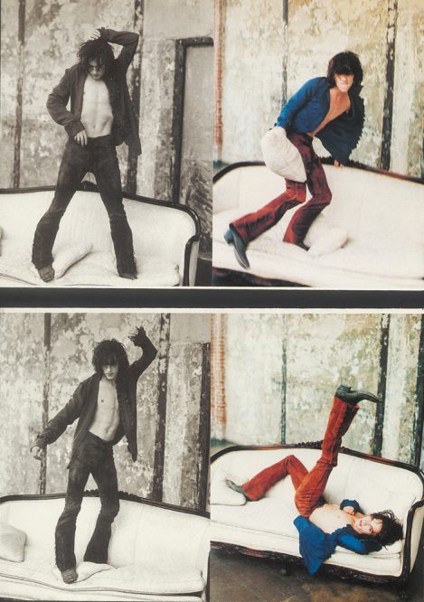 Irish actor Jonathan Rhys Meyers wears suede Lost Art Leather Pants, created for fashion designer Anna Sui's Fall 1999 collection, featured in Rolling Stone Magazine
