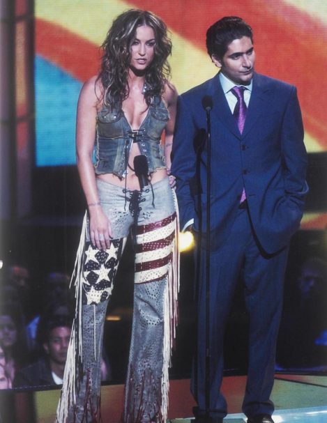 Actress Drea De Matteo wearing Lost Art - The Flag Pants with Leather Fringe and cutouts at the MTV Music Awards. The Flag Pants designed and custom-made by Jordan Betten in New York City circa 2002.