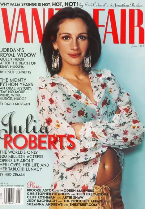 American Actress and Producer Julia Roberts wears custom-made Lost Art Leather Pants on the cover of Vanity Fair magazine October 2005 issue