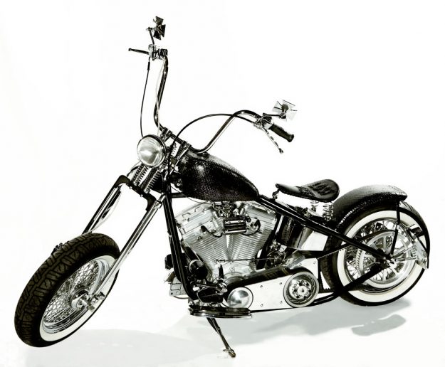 Chopper Motorcycle with Custom-made Lost Art™ Anaconda snakeskin cover on the gas tank and fender, As well as Custom-made Lost Art™ leather covers for the handlebars and seat