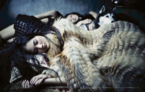 Fashion Models wear Lost Art clothing by Jordan Betten (Alligator Cape and Fur Coat) in Numéro Magazine Fall 2008