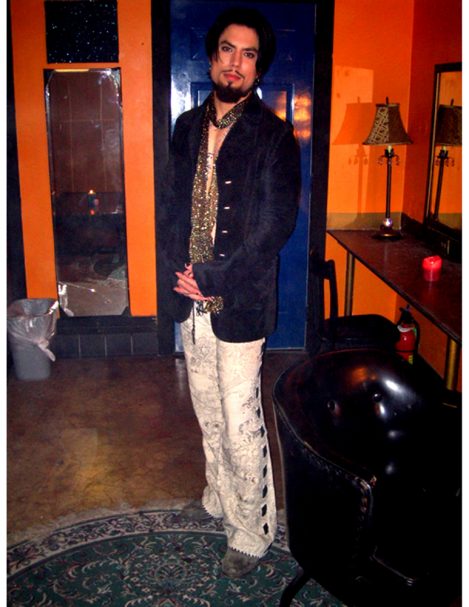 Guitarist Dave Navarro of the alternative rock band Jane's Addiction wears custom-made Lost Art pants - Scripture Pants, Hemp jeans with illustrations