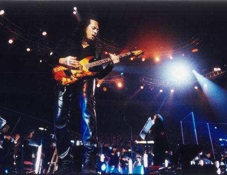 Lead guitarist and songwriter Kirk Hammett of the heavy metal band Metallica wears a pair of Lost Art Leather Pants while performing at Madison Square Garden in New York City