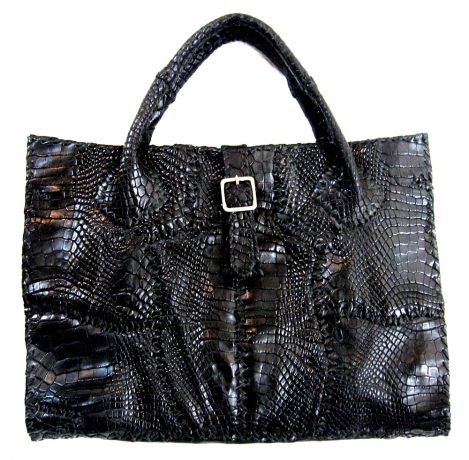 Lost Art Alligator Handbag with inside pockets and a Metallic Silver Buckle closure
