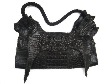 Lost Art™ Black Crocodile Handbag with inside pockets and a Leather Braided strap