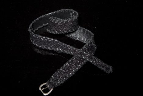 Lost Art™ Black Stingray Skin Belt with a Silver Buckle and Leather whip stitching