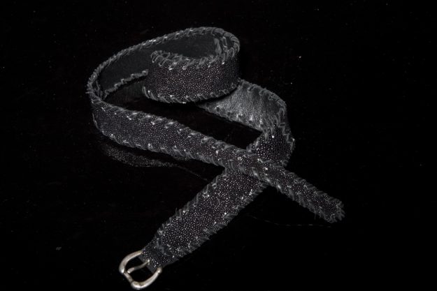 Lost Art™ Black Stingray Skin Belt with a Silver Buckle and Leather whip stitching