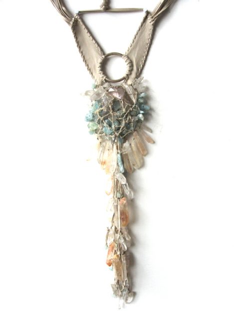 Lost Art™ Brazilian Crystal Necklace made with Leather, Quartz Crystal, Aquamarine Crystal and Metallic Silver Ring, worn by the French model Constance Jablonski at the Victoria’s Secret Fashion Show 2013.
