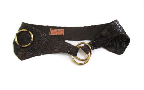 A Lost Art™ Brown Crocodile Skin belt with brass rings and leather whip stitching