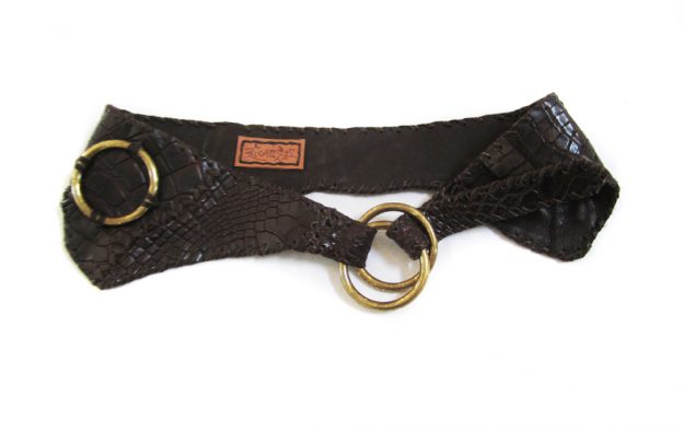 A Lost Art™ Brown Crocodile Skin belt with brass rings and leather whip stitching
