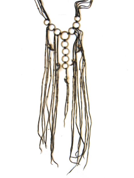 Lost Art™ Claw Necklace made with Leather, Metallic Rings and Leather Fringe