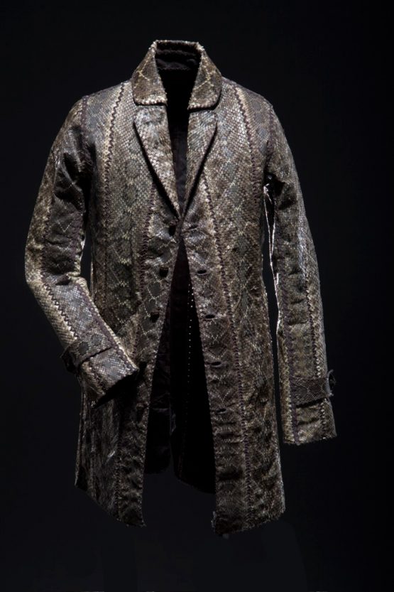 A hand-made Lost Art™ Men's Rattlesnake skin Jacket with Leather laces and lined with cow leather