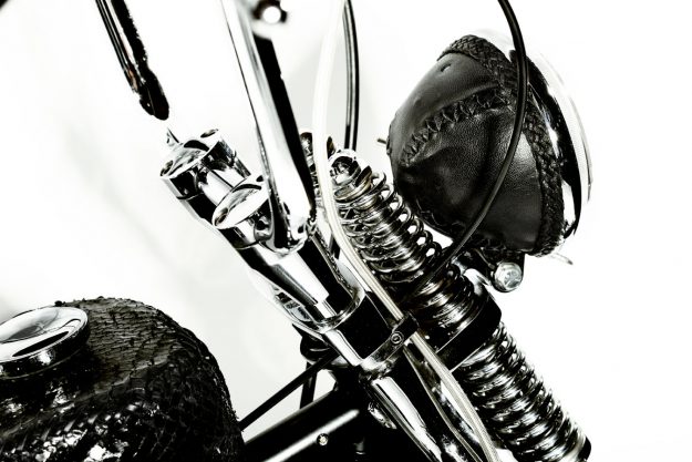 Custom-made Lost Art™ Leather motorcycle headlight cover with leather laces