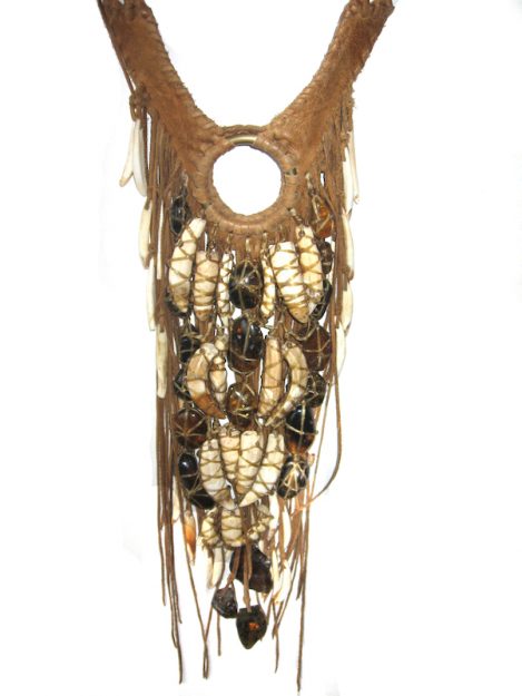 Lost Art™ Necklace with Tooth, Amber, Leather fringe and a Brass Ring