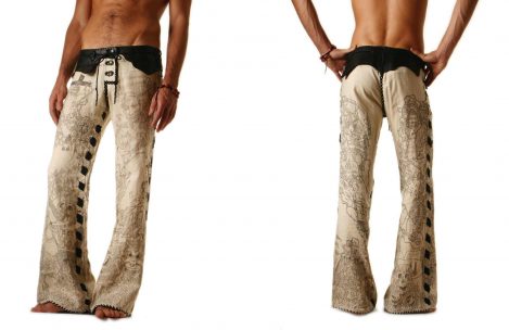 Scripture Pants - Lost Art custom leather pants drawn on by Brian Rosenberger depicting religion and musical instruments