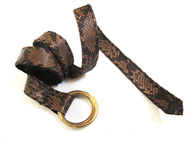 Lost Art™ Tan Color Python skin belt with brass rings and leather whip stitching