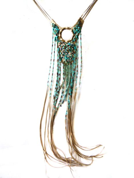 Lost Art™ Turquoise and Crystal Necklace with a Leather Fringe and a Brass Ring