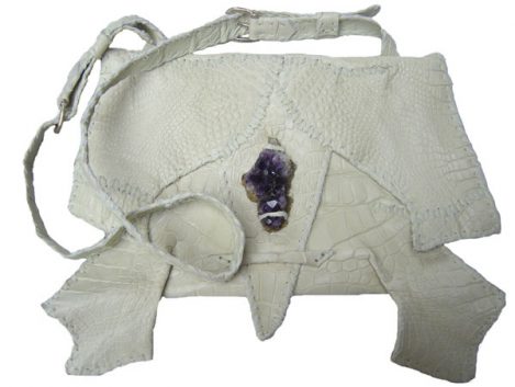 Lost Art™ White Alligator skin Bag with Amethyst Crystal detail, inside pockets and adjustable shoulder strap with Metallic Silver Buckles