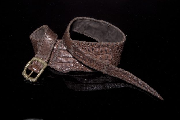 Lost Art™ Brown Crocodile Belt with a Brass Buckle and Leather whip stitching