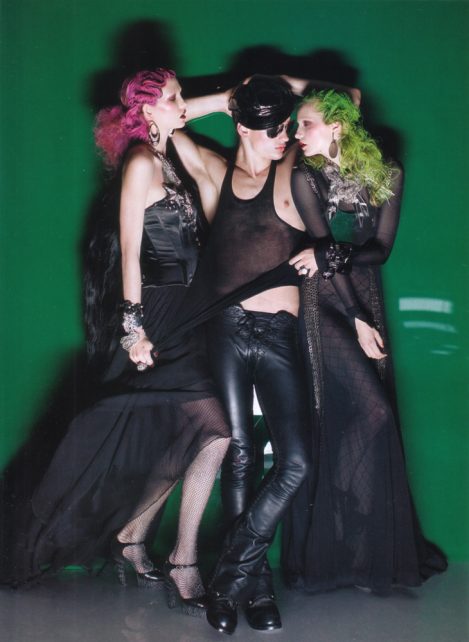 Male model wears Black custom-made Lost Art Leather Pants with Leather Laces by Jordan Betten in Vogue Italia