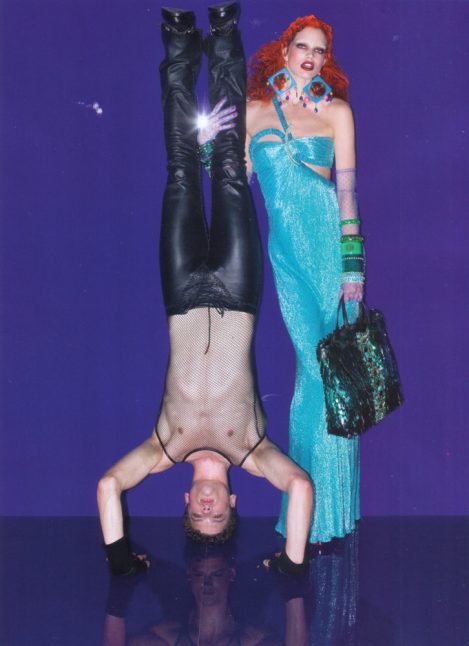 Male model wears custom-made Lost Art Leather Pants with Leather Laces by Jordan Betten in Vogue Italia Fall 2004