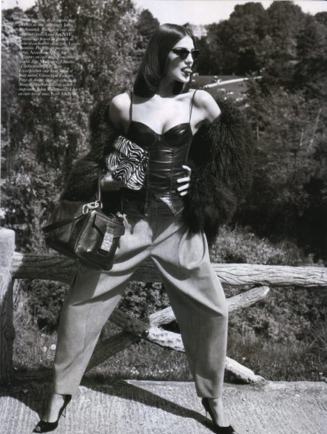 Model Daria Werbowy standing, wears a custom-made Lost Art Leather Corset by Jordan Betten in Vogue Paris Magazine circa 2006