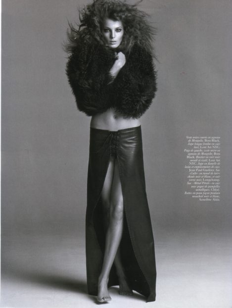 Model Daria Werbowy wears a floor length Lost Art Leather Skirt by Jordan Betten in Vogue Paris Magazine circa 2006