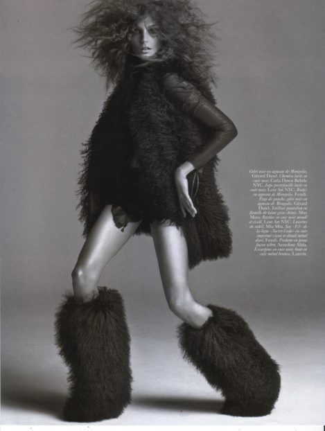 Model Daria Werbowy wears custom-made Lost Art Clothing, Lost Art Accessories and Lost Art Footwear by Jordan Betten in Vogue Paris Magazine circa 2006