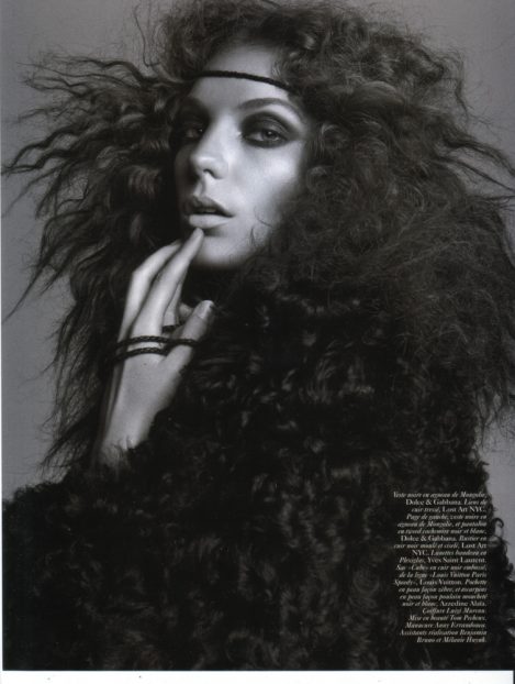 Model Daria Werbowy wears Lost Art Clothing and Lost Art Accessories in Vogue Paris Magazine circa 2006