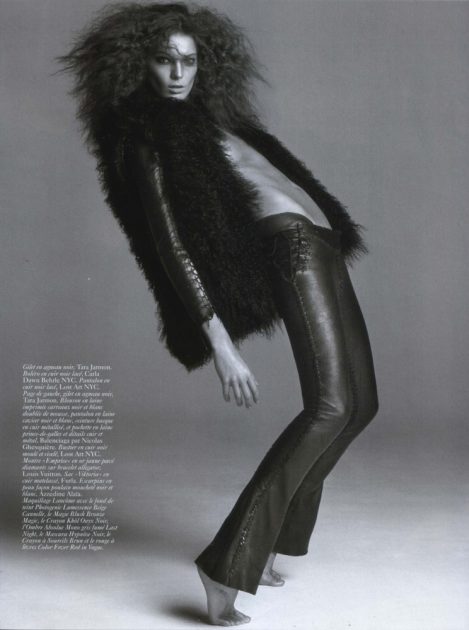 Model Daria Werbowy wears custom-made Lost Art Leather Pants and a Lost Art Leather Shirt by Jordan Betten in Vogue Paris Magazine circa 2006