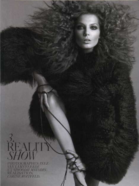 Model Daria Werbowy wears a custom-made Black Lost Art Leather Corset by Jordan Betten in Vogue Paris Magazine circa 2006