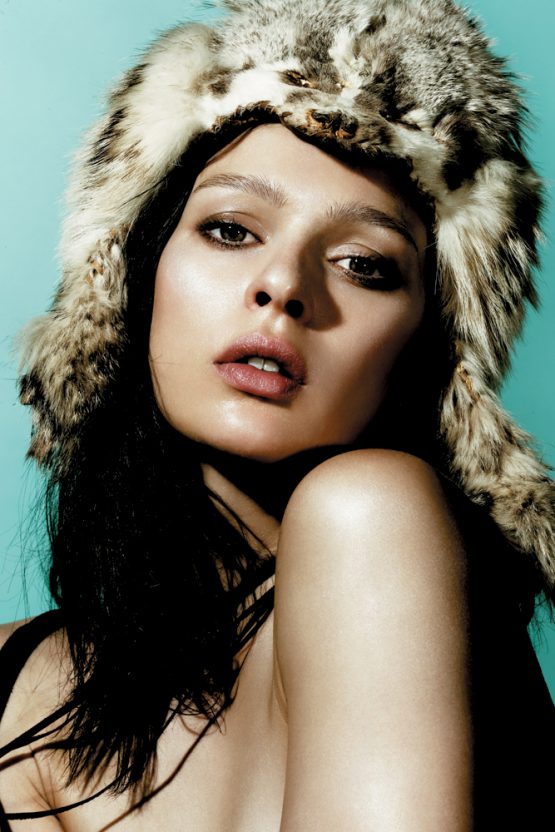 Model Elise Crombez wears a handmade Lost Art™ badger fur hat with leather fringe