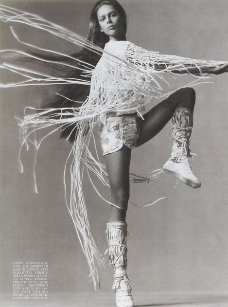 Model Elise Crombez wears a custom-made Lost Art Woven Leather Shawl with Fringe by Jordan Betten, in Vogue Italia Magazine