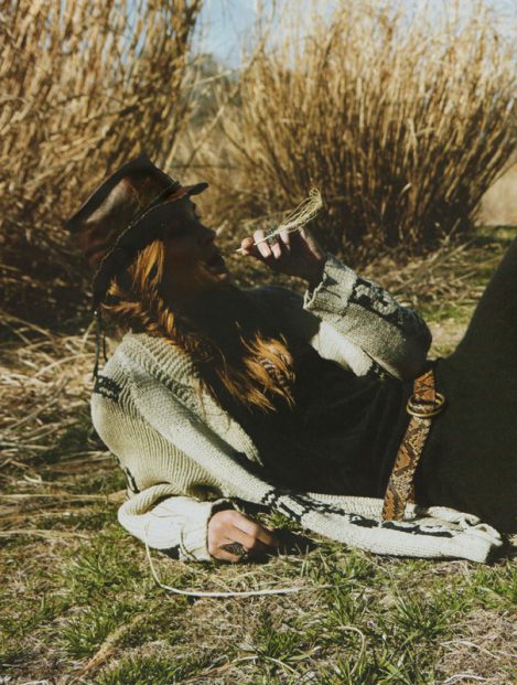 Model Erin Wasson wears a Lost Art Python Belt with Brass Rings and a Lost Art Leather Hat (custom-made by Jordan Betten in New York City) in Elle Magazine France
