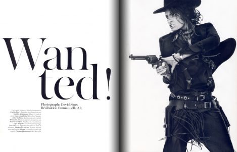 Model Isabeli Fontana wears a pair of custom-made Lost Art Leather Pants with a Lost Art Alligator skin bag in Vogue Paris Magazine