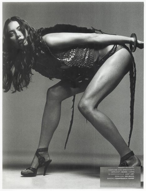 Model Shalom Harlow wears a custom-made Lost Art Alligator Cape in W Magazine circa 2006