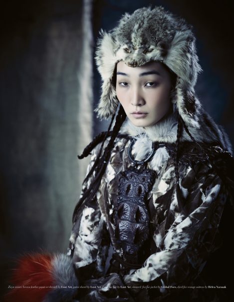 Model wears a Lost Art Alligator Cape and Fur Hat, custom-made by Jordan Betten, in Numéro Magazine Fall 2008