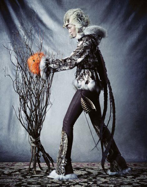 Model wears a Lost Art Alligator Cape with a Fur Hat, Leather Pants with Fur and Fringe (custom-made by Jordan Betten) in Numéro Magazine Fall 2008