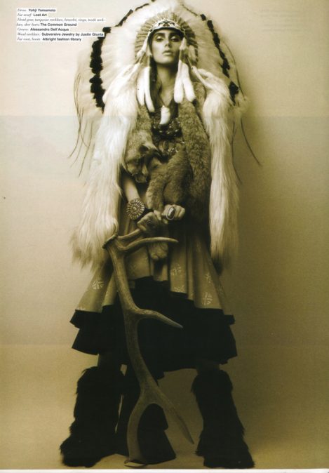Model wearing a Lost Art Fur Shawl and a Lost Art Leather Skirt in Numéro Magazine 2003