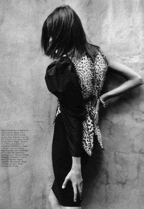 Model wears a Lost Art Fur Vest with Leather Buttons (by Jordan Betten) in Vogue Paris Magazine 2005