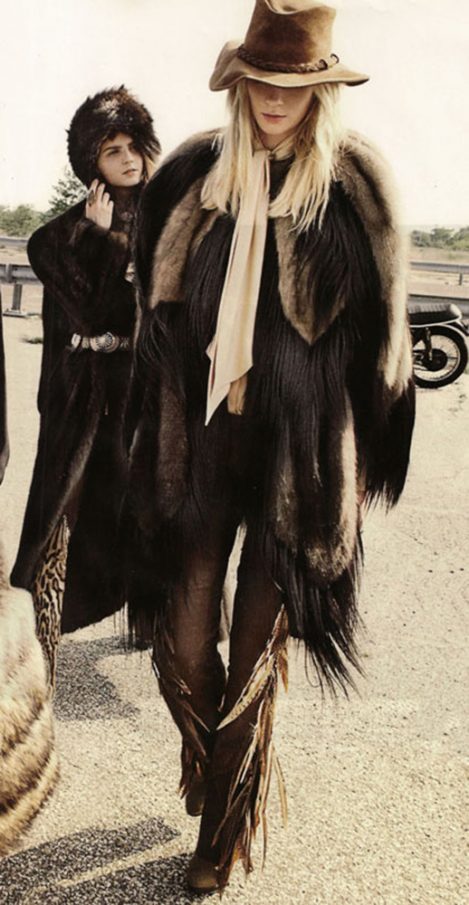 Model wears Lost Art Leather Pants with Feather and Leather Fringe in British Vogue, custom-made by Jordan Betten in New York City circa 2004
