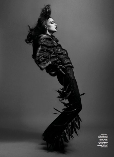 Model wears Lost Art Leather Pants with Feathers and Leather Fringe (custom-made by hand by Jordan Betten) in Numéro Magazine