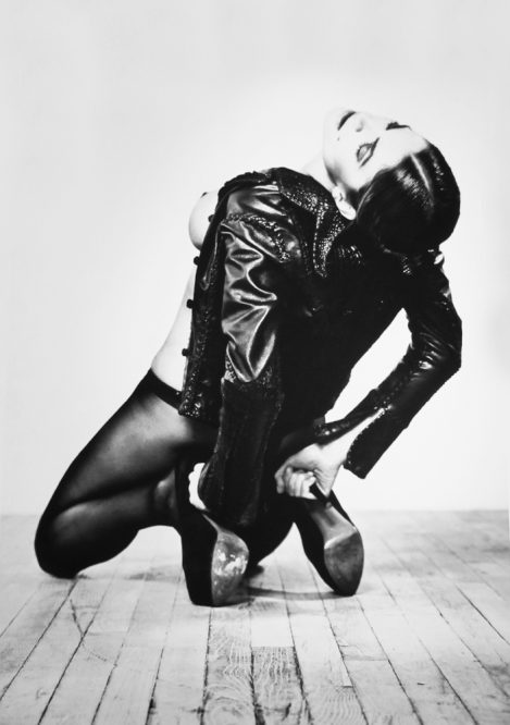 Model wears a Lost Art Leather and Alligator Jacket custom-made by hand, by Jordan Betten in New York City circa 2003