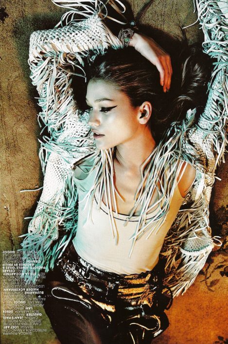Model wears a Woven Lost Art Leather Jacket with Fringe (custom-made by hand by Jordan Betten) in Marie Claire Italia