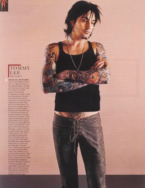 Musician Tommy Lee wearing custom-made Lost Art Leather Pants with Rattlesnake skin leg details in GQ magazine Fall 2003