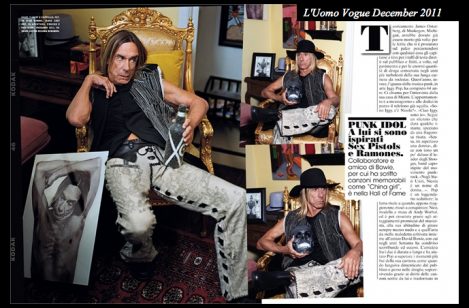 Singer-songwriter and musician Iggy Pop of band The Stooges wears the Scripture Pants (custom-made Lost Art hemp pants with illustration) in the November 2005 issue of GQ magazine