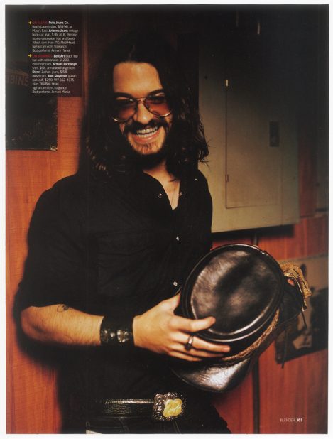 Singer-songwriter Shooter Jennings wears a custom-made Lost Art Leather Top Hat with a Rattlesnake skin band in Details Magazine Fall of 2005