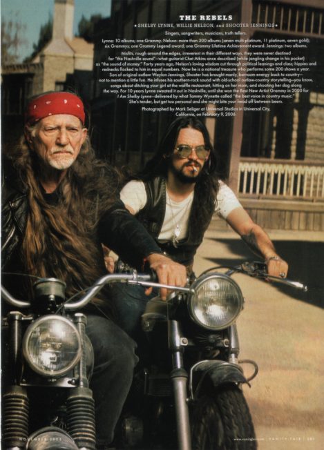 Musician Willie Nelson and Singer-songwriter Shooter Jennings wear custom-made Lost Art Leather Vests in the April 2004 Vanity Fair magazine