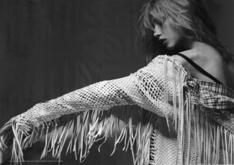 Model Wears a Lost Art Woven Leather Jacket with Fringe in the Los Angeles Times