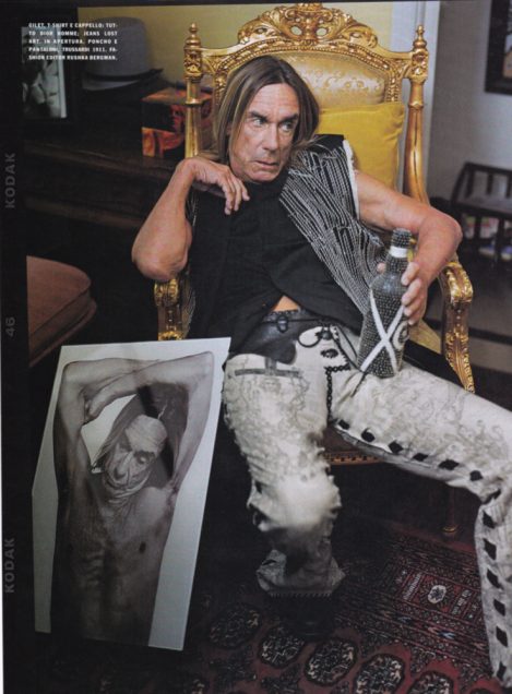 Singer-songwriter Iggy Pop wears “The Scripture Pants”, Lost Art Pants made from Hemp and Leather with hand-drawn illustrations of musical instruments in GQ magazine